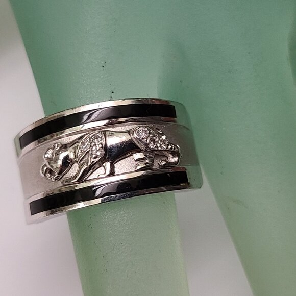 Men 14k White Gold Leopard Cat Enamel Diamond Ring